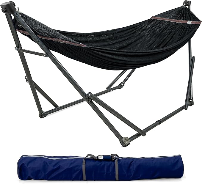 Tranquillo 600 lbs Capacity Adjustable Hammock Stand Collapsible Camping Hammock and Stand Steel Double Hammock Stand for 2 Persons Portable Everywhere Easy Assembly Non-Slip and Noise-Free Black
