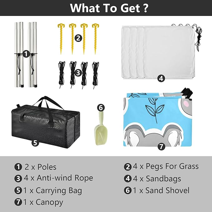 Koalas Beach Canopy Sun Shelter with Sandbags &amp Sand Shovel &amp Windproof Ropes - Portable 110x126 Beach Shade Beach Tent for Camping Picnics