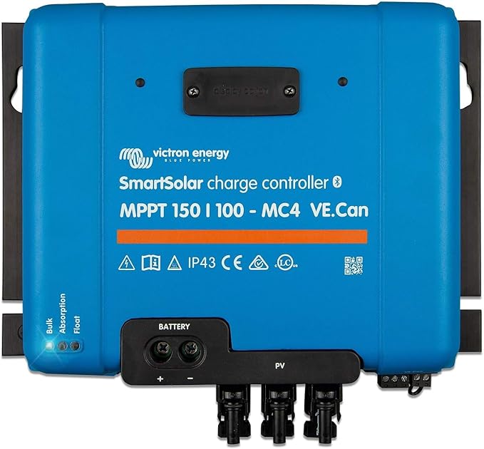 Victron Energy SmartSolar MPPT MC4 Compatible VE. Can Solar Charge Controller (Bluetooth) - Charge Controllers for Solar Panels - 150V 100 amp 12/24/36/48-Volt