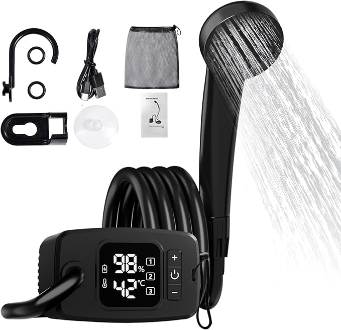 Portable Outdoor Electric ShowerTemperature and Battery Level Digital Display8000mAh BatteryIPX8 Waterproof and USB ChargingSuitable for Hiking/BackpackingOutdoor Camping ShowerBeachPets