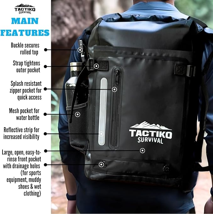 Tactiko Survival 30L Heavy-Duty 100% Waterproof Backpack - Equipment Pocket Carabiner - Roll Top Floating Dry Bags (Jet Black)