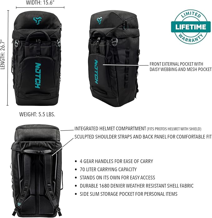 Notch Hauler Free-Standing Backpack 70 Liter Carrying Capacity Integrated Helmet Compartment 4 Gear Handles Sculpted Shoulder Straps Weather-Resistant 1680 Denier Fabric (99715)