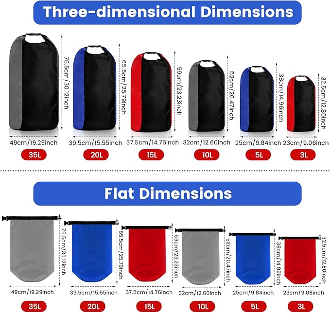 Soulchen 6 Pack Dry Bag Waterproof Compression Dry Sack Color-blocked 3l /5l /10l /15l /20l /35l Sleeping Bags Protect Gear for Outdoor Kayaking Backpacking Boating Fishing Swimming and Camping