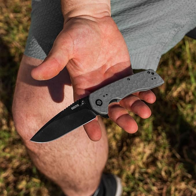GRITR Stealth Folding Pocket Knife w/ 3.5 D2 Steel Blade for Military Hunting Camping Hiking – Gray Handle Non-Serrated Blade with Stonewashed Finish