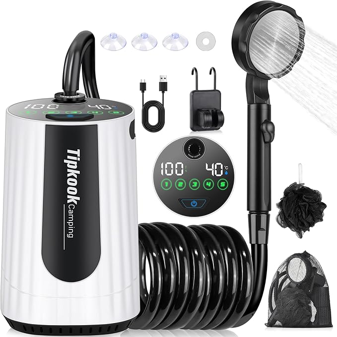 Portable Shower for Camping Essentials: 10000mAh Rechargeable Battery Powered Shower IPX8 Waterproof Camp Shower Pump 5-Speed Outdoor Shower with LED Display Camping Gifts for Men Dog Bath Hiking