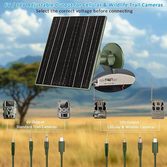 10W Solar Panel with 10400mAh Battery 6V/12V Adjustable Output for Trail Cameras USB-C &amp DC Plugs IP66 Waterproof 360° Adjustable Mount for Cellular &amp Wildlife Cameras