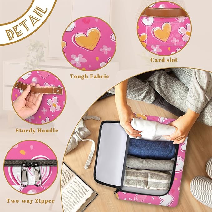 Love Heart Storage Bins with Zipper Lid Pink Yellow Fabric Lidded Storage Baskets Cubes with Handles Decorative Foldable Shelf Closet Organizer Container