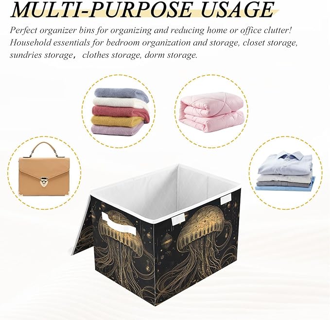 Golden Jellyfish Storage Cube with Lid Collapsible Flip-top locker Fabric Storage Bins Basket with Handle for Home Bedroom Closet Office 16.5×12.6×11.8 in