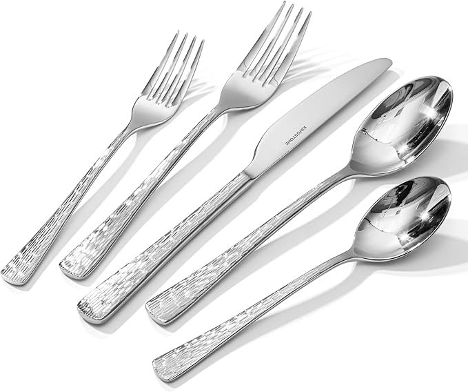 KINGSTONE Hammered Silverware Set 30-Piece Flatware Set 18/10 Stainless Steel Premium Cutlery with Unique Ripple Handles Design Mirror Polished - Dishwasher Safe