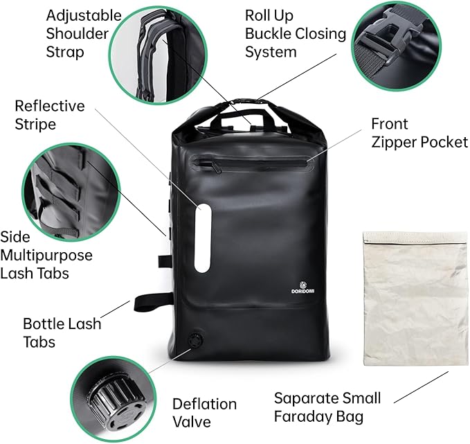 Faraday Bags Dry Bag - Black 30L Waterproof EMP Protection Backpack RFID Signal Blocking Shield Faraday Dry Bag For Electronic Products Security Protect Data Devices From Hacking Tracking