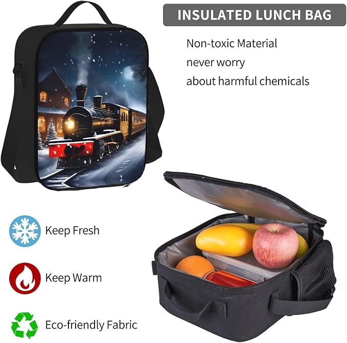Winter Christmas Snow Night Railway Train Backpack With Lunch Box 3 In 1 Set With Pencil Case Large Capacity Backpack With Chest Strap