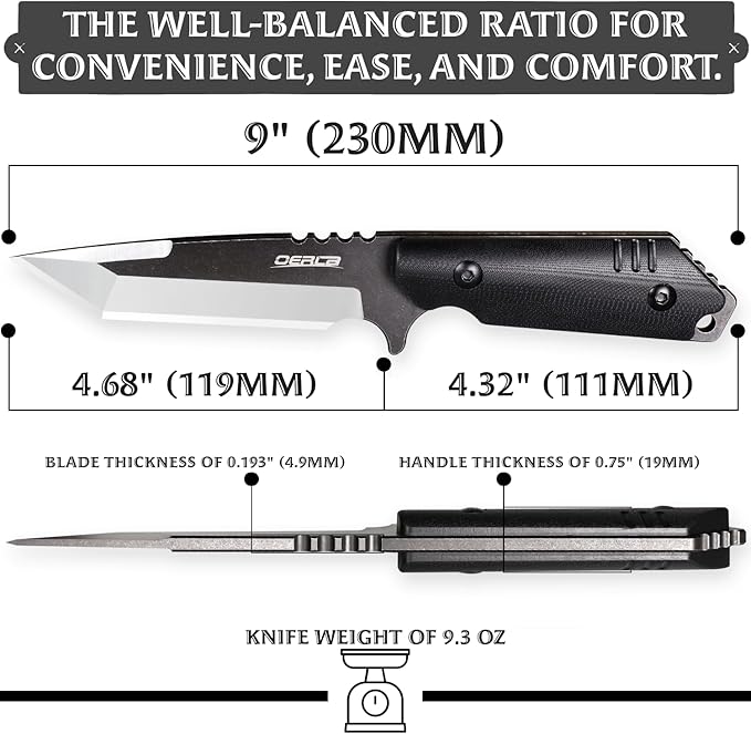 OERLA OLX-004 Tactical Survival Knife with Kydex Sheath Outdoor Fixed Blade with Belt Clip 420HC Steel Blade Camping Knife with G10 Handle
