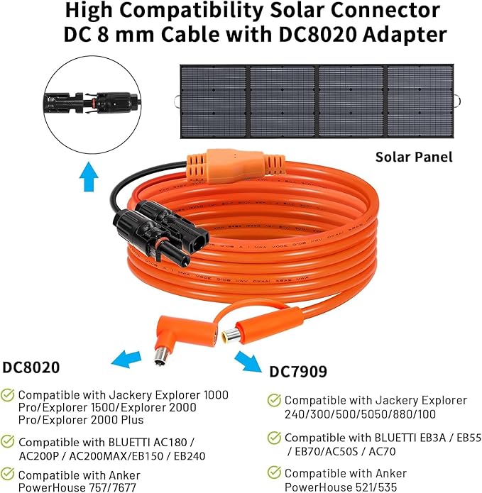 Solar Connector to DC 8mm Adapter Cable 30FT 12AWG + 14AWG Tinned Copper Wire with DC7909 to DC8020 Adapter Heavy Duty Charging Cable for Portable Power Station RV Outdoor Camping