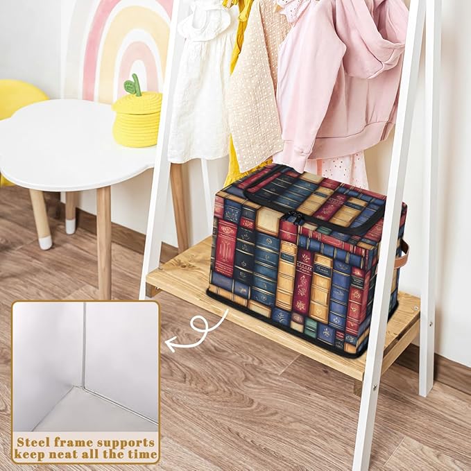 Bookshelf Storage Bins with Zipper Lid Retro Library Fabric Lidded Storage Baskets Cubes with Handles Decorative Foldable Shelf Closet Organizer Container