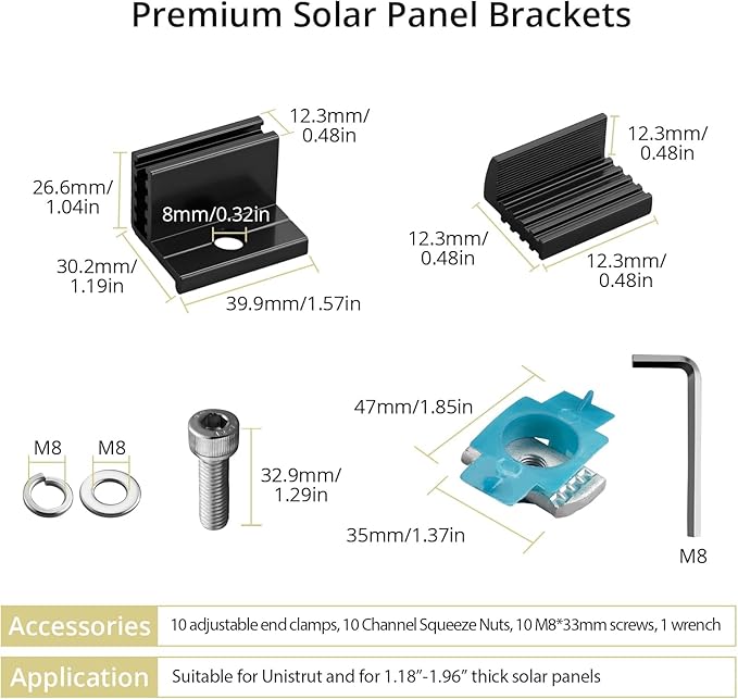 Anbte 10pcs Adjustable Solar Panel End Clamp for Unistrut 30-50mm Aluminum Solar Panel Mounting Brackets with Nuts Bolts and Wrench for Metal Roof Tin Roof Flat Roof Sheet Roof RV Black