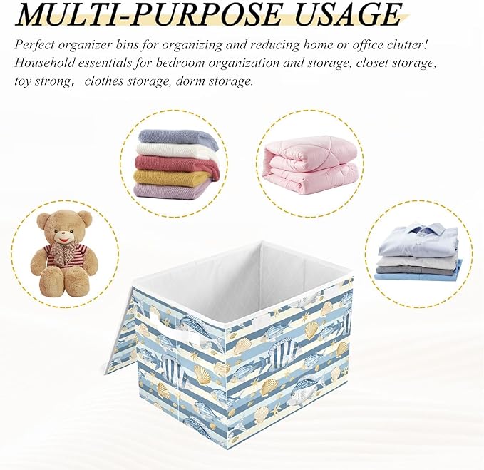 senya Large Storage Bins with Linen Collapsible Foldable Storage Cubes Fabric Closet Organizer Containers box with Flip-Top Lid for Home Bedroom Office 16.7 x 12.6 x 11.8in (Fish Shells Light Blue)