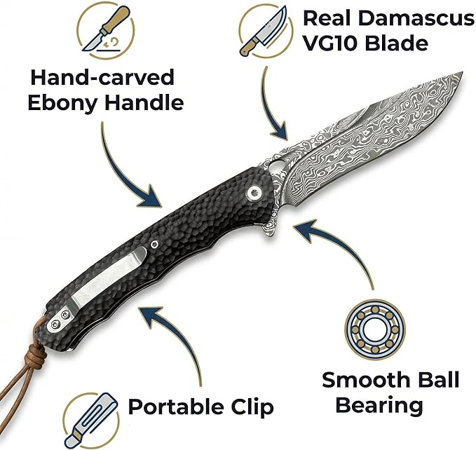 Damascus Steel Folding Pocket Knife 3.54 VG10 Blade for Men and Women Ebony Handle EDC Knife with Liner Lock for Outdoor Survival Camping Collection Hunting