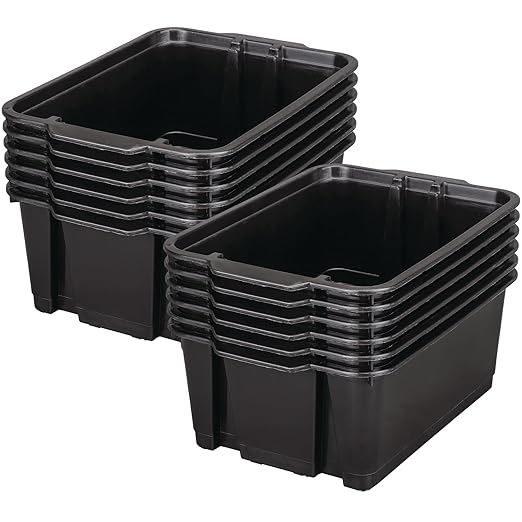 Really Good Stuff Stacking Bins 14 x 10 x 5 .75 - 12 Pack Black Stackable Storage Plastic Bins for Classroom Organization Home Storage Office &amp Hospital Supplies