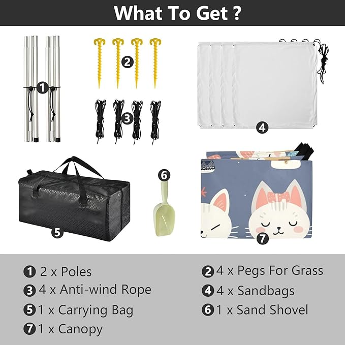 Cartoon Little Cats Faces Beach Cabana Tent UPF50 Waterproof Sun Shelter with Sand Pockets for Family Trips Picnics &amp Camping