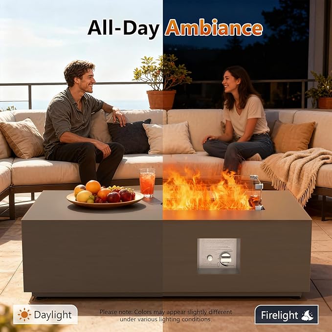 2-Piece 42 Rectangular Propane Fire Pit for Outside Patio with Hidden Tank Table 50000 BTU Fireplaces with Glass Wind Guard Lid Glass Rocks Cover(Sand Beige)