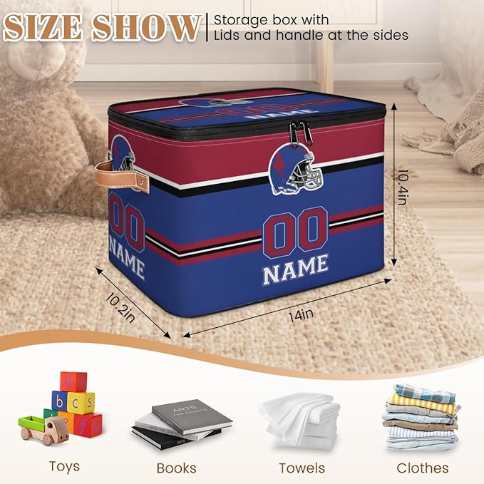 Custom Storage Bins with Zipper Lid Football Personalized Foldable Storage Baskets Closet Shelf Clothes Organizer Cube with PU Leather Handles