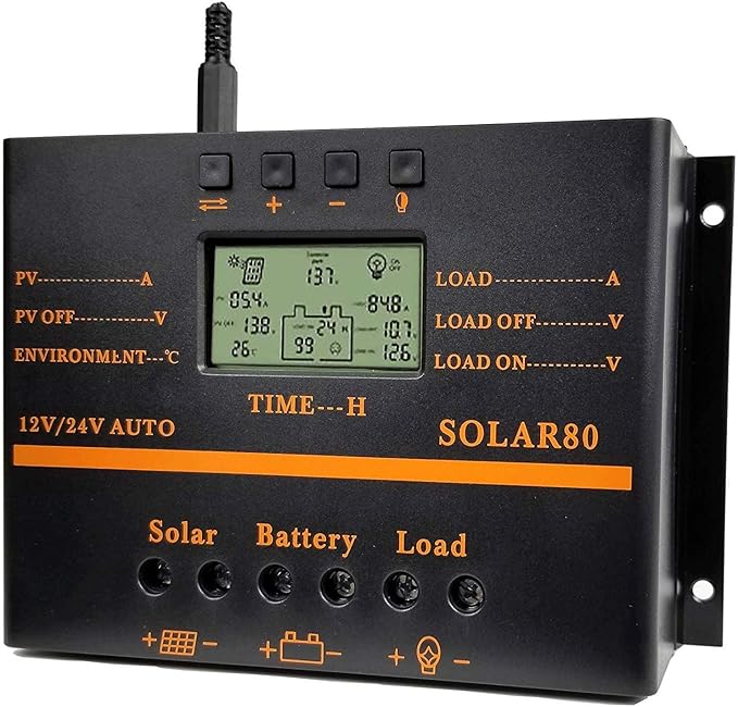 Solar Charge Controller 80A PWM 12V/24V 1920W with USB Output Multi-Circuit Protection ABS Housing for Lighting System