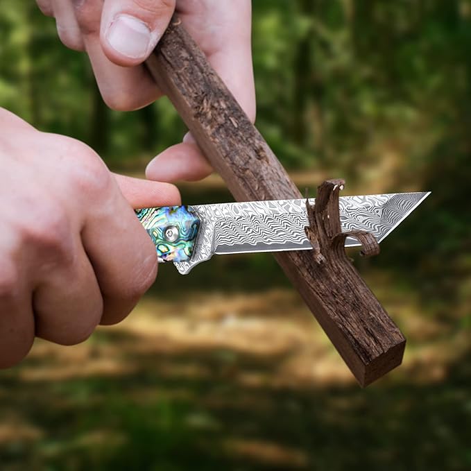 AUBEY Damascus Pocket Knife with Clip Sharp Tanto Blade with VG10 Core Folding Knife with Abalone Shell Handle and Glass Breaker EDC Camping Knife for Gift Survival Collection