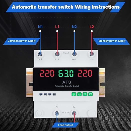 63A 220V Automatic Transfer Switch 2P Dual Power Select Interruptor Electrical Changeover Switch with LED Display Mini ATS Din Rail Mount 50/60Hz CE Certified for Home Backup Power