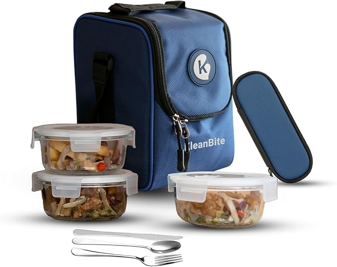 Insulated Lunch Bag with 3 Airtight &amp Leakproof Glass Containers Fork &amp Knife Set | Food Storage Container for Office &amp Travel | Dishwasher &amp Microwave Safe (only for adults)