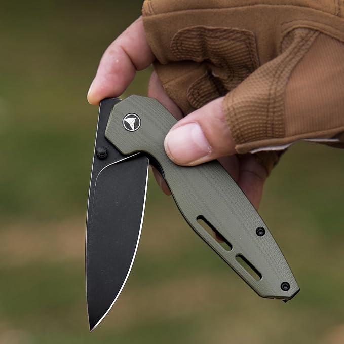Pocket Knife 3.1 Black Stonewashed D2 Blade EDC Knife with G10 Handle Front Flipper Pocket Knife for Men Women with Thumb Stud - Camping Hiking Survival Preparation