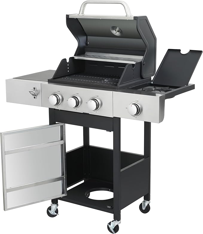 BBQ Grill 3-Burner Propane Gas Grill with Side Burner 37230 BTU Output Enameled Cast Iron Cooking Grids &amp Stainless Steel Front Door for Outdoor BBQ Camping and Family Gatherings