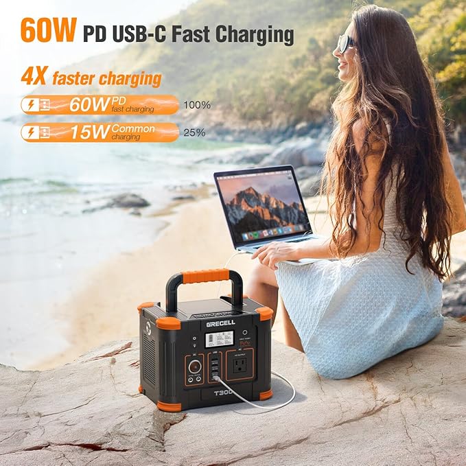 GRECELL Portable Power Station 300W (Peak 600W)GRECELL 288Wh Solar Generator with 60W USB-C PD Output 110V Pure Sine Wave AC Outlet Backup Lithium Battery for Outdoors Camping Travel RVs