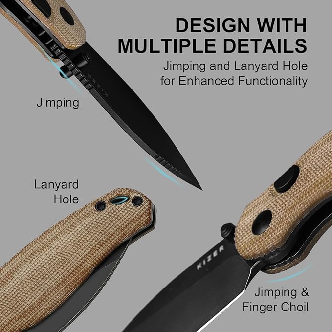 Kizer Phoca BD Pocket Knife 2.95 Drop Point 14C28N Blade Folding Knives with Brown Norplex UltreX™ Micarta Handle Thumb Stud EDC Knife for Men Women V3781BDA1