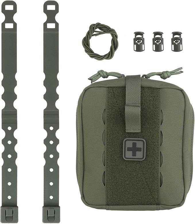 Tactical Camo IFAK Pouch MOLLE Medical Organizer with Elastic Storage Board Front Tool Slots and Rear Shear Pocket Attaches to Vest Belt or Backpack