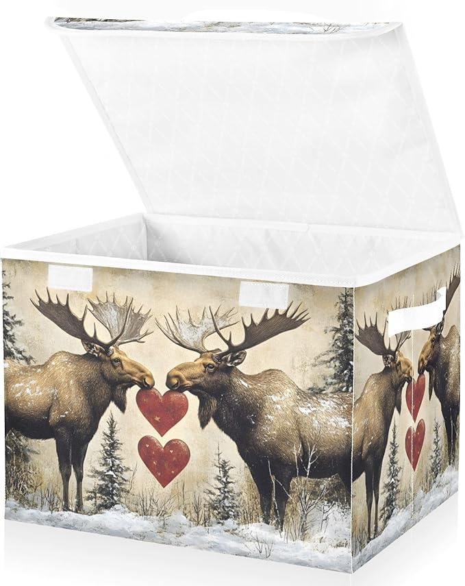 AIXIWAWA Lidded Storage Cube (Heart Moose) Fabric Foldable Closet Bins with Flip Lid and Handles Organizer Basket Container 16.5 x 12.6 x 11.8 IN