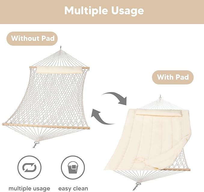 SUNCREAT Hammocks Replacement Hammock for Stand 475 lbs Capacity Two Person Backyard Hammock with Pad for Outside Beige