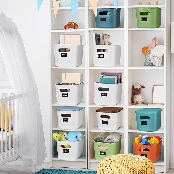 Thyle 12 Pack 7 Quarts Plastic Storage Bins Stackable Baskets with Lid and Handle with Label Colorful Desktop Box Toy Containers for Classroom Shelf Bedroom 10 x 7 x 6 Inch (Stylish Color)
