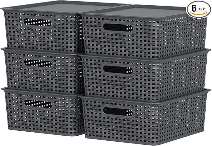 13 Quart Flat Storage Baskets with Lids Stackable Plastic Weave Organizing Basket Bin 6 Packs