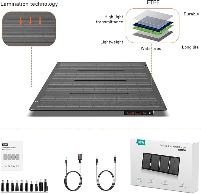 Portable Solar Panel 60W Foldable Solar Charger with DC/USB C/USB A Output DC Cable for Solar Power Station Power Bank Phone Laptop Outdoor Camping RV Road Trip