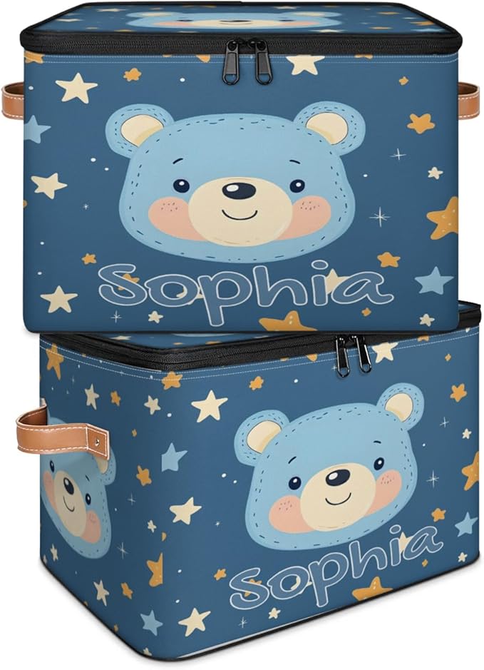 Custom Storage Basket with Name Personalized Storage Bins with Zipper Lid Foldable Fabric Storage Box Large capacity with Handle Star Blue Bear