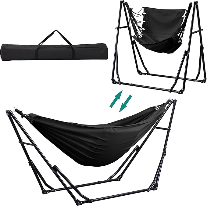 Ainfox Hammock with Foldable Stand 2 in 1 Hammock and Swinging Chair with Carrying Bag Portable Camping Chair Suitable for Outside SwingPatioGardenCamping Trip Black