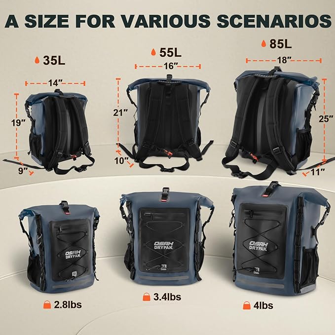 OSAH DRYPAK Waterproof Backpack Dry Bag 35L/55L/85L – Heavy Duty Roll-Top Hiking Backpack Sack Keeps Gear Dry for Travel Kayaking Boating Camping Rafting and Fishing