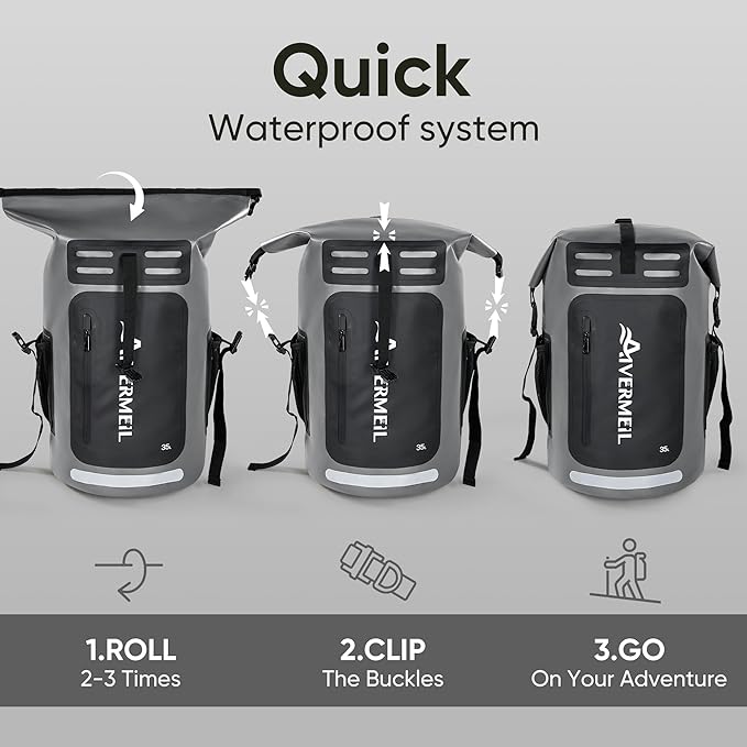 Dry Bag Waterproof Backpack 35L for Men &amp Women Roll-Top Hiking Backpack with IPX8 Waterproof Phone Case &amp Detachable Mini Backpack for Kayaking Boating Cushioned Padded Back Grey