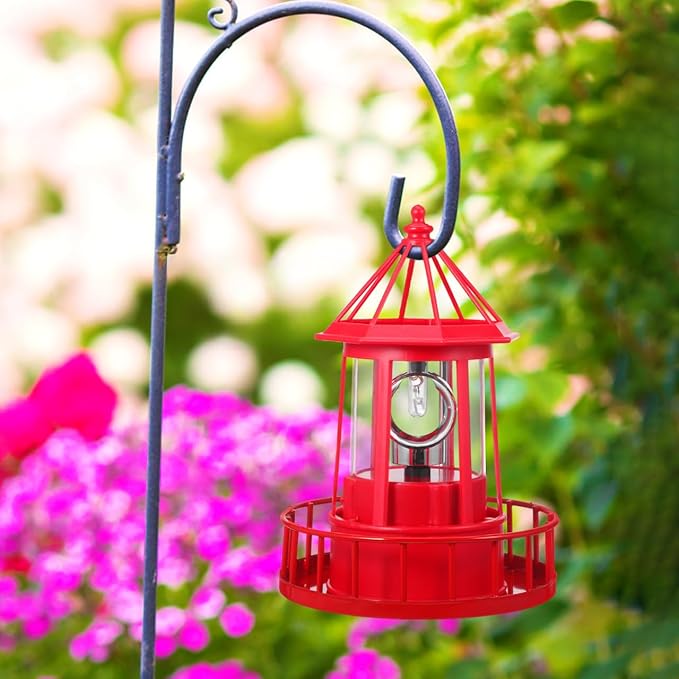DOITOOL LED Solar Powered Rotating Lighthouse Outdoor Courtyard Solar Hanging Lamp Lawn Lantern for Patio Fence Garden Yard Decorations (Red)