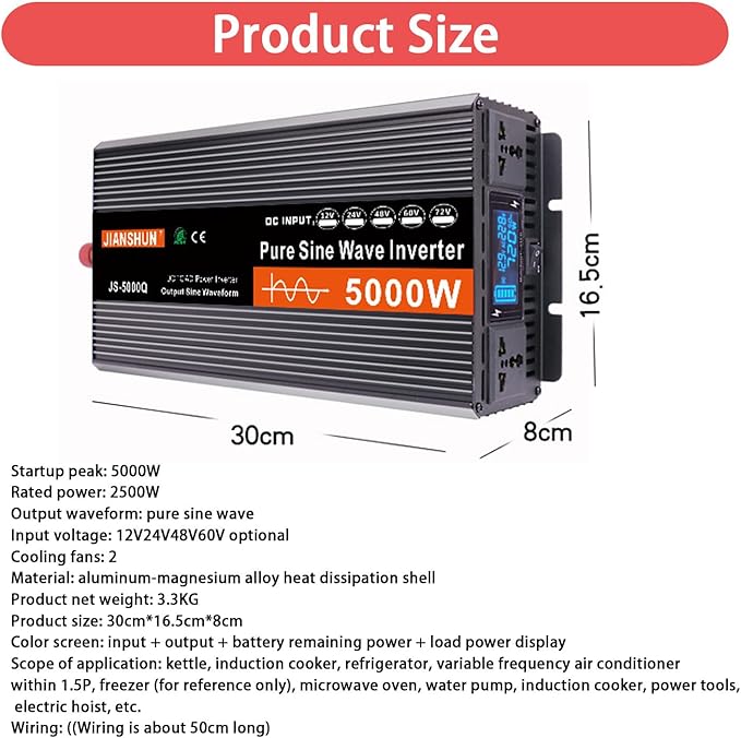5000W Pure Sine Wave Power Inverter DC 12V/24V to AC 120V Converter for RV Solar Truck &amp Home with LCD Display &amp Dual Cooling Fans – Off-Grid Power for Refrigerator Tools 24v-5000w