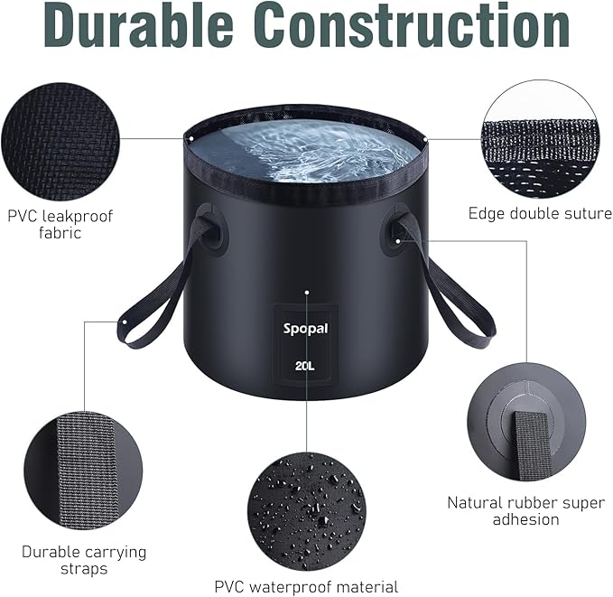 Portable Shower for Camping [Upgraded] Spopal 8000mAh Rechargeable Camping Shower with 5 Adjustable Speeds 4 Spray Modes with Collapsible Bucket with Handle 20L for Hiking Travel Car Pet