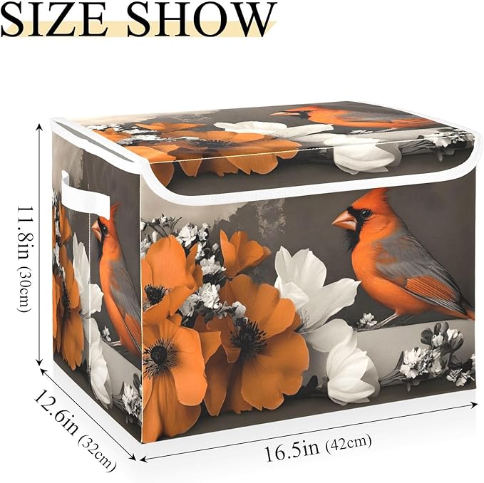 AIXIWAWA Lidded Storage Cube (Bird Flowers) Fabric Foldable Closet Bins with Flip Lid and Handles Organizer Basket Container 16.5 x 12.6 x 11.8 IN
