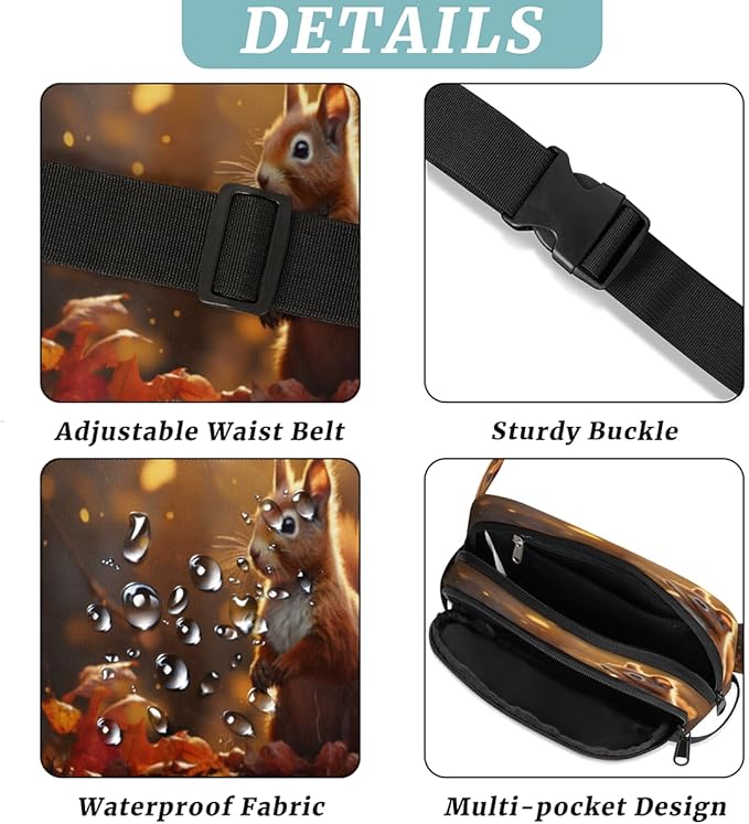 Cute Squirrel Leaves Waterproof Fanny Pack for Women Men Adjustable Waist Bag with Double Zipper Pockets Lightweight Square Hip Pack for Running Travel Hiking Workout Cycling