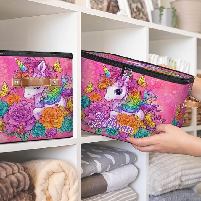 Storage-Bins with Lids Personalized Closet-Storage-Bins Under-Bed Stackable-Cubes-Box for Home Bedroom Unicorn Pink Floral