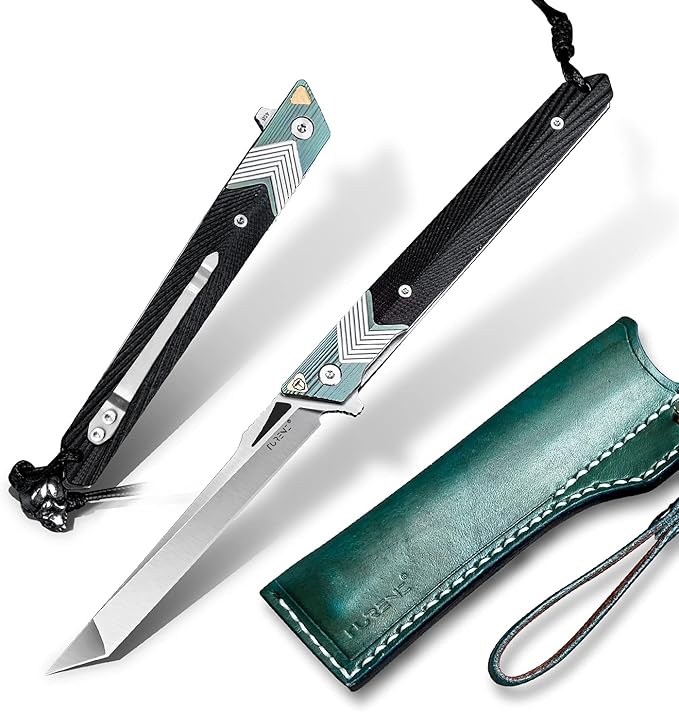 Folding Knife with Clip 14C28N Steel Tanto Blade Non-slip Titanium Alloy Handle Lightweight EDC Gentleman's Pocket Knife with Sheath for Belt